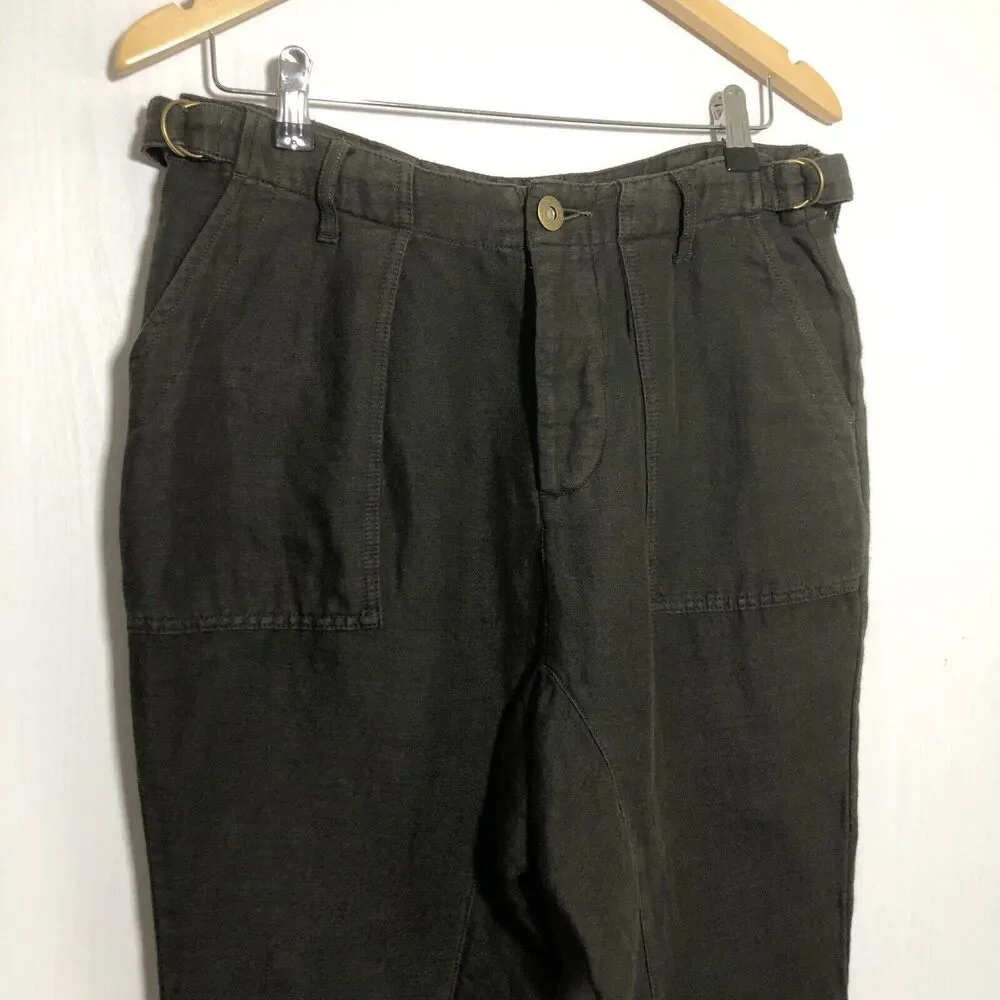 Free People Pants Womens 2 Green Olive Linen Blend Button Fly Lagenlook